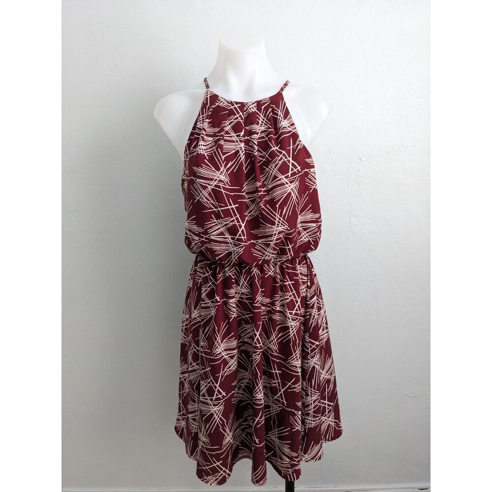 Article Medium Halter Shift Mini Dress Maroon White Abstract Print Sleeveless - Picture 4 of 15